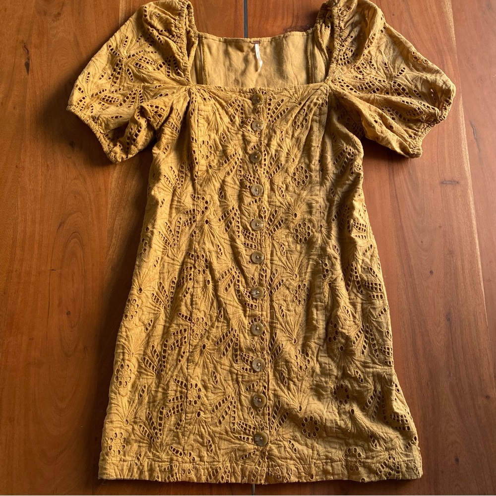 Free People Mini Dress Womens Brown Eyelet Cotton Puff Sleeve Boho 70s Size 6 - Picture 4 of 8